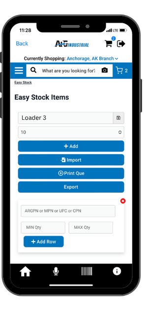 EZStock item entry row showing part number and min max fields