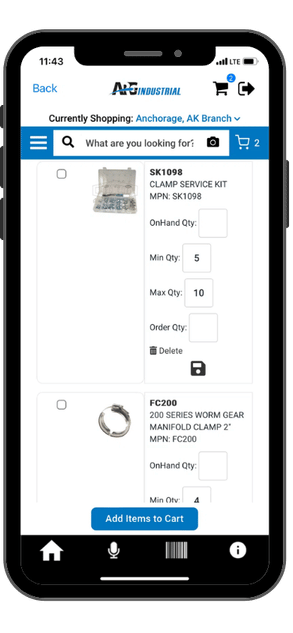 EZStock product card showing OnHand, Min, Max, and Order Qty fields