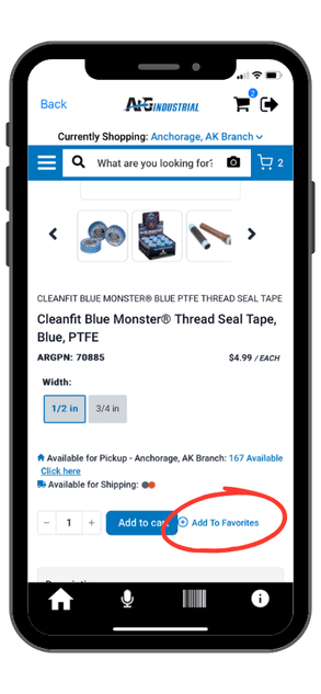 Add to Favorites button on product page in ARG Industrial app