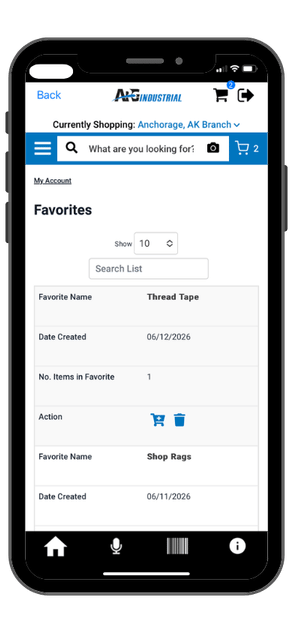 Favorites list view in ARG Industrial app