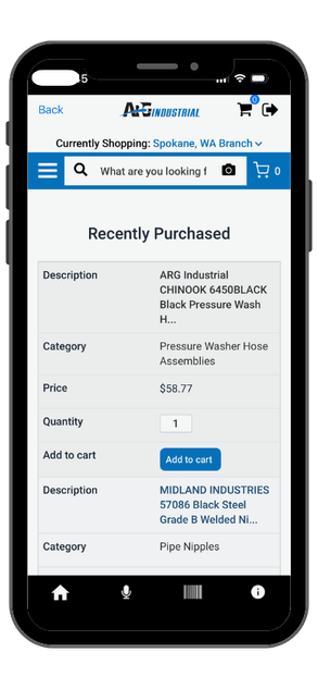 Recently Purchased list in ARG Industrial app